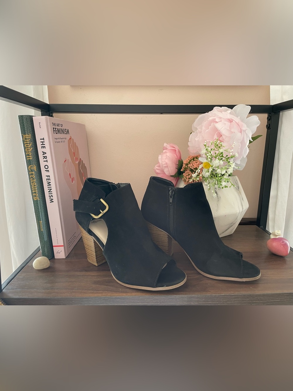 Black Suede Open-Toe Block Heel Booties with Buckle